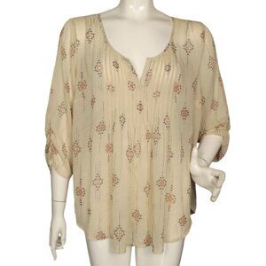 TORRID Blouse, 1/1X, Semi-Sheer Beige, Shirred 3/4 sleeve, knife pleat Bib